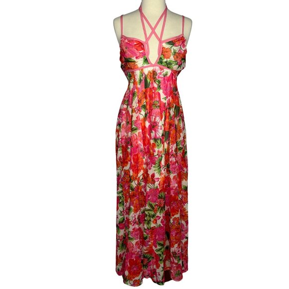 MultiStrap Fairycore Vacation Free People Inspired Pink Floral Maxi Dress Sz L - Picture 1 of 11